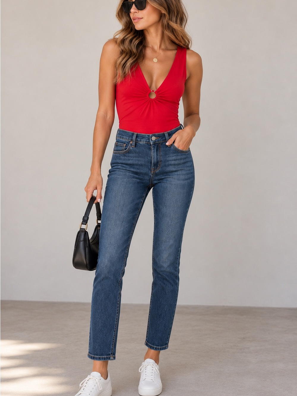 Guess Straight Leg Jeans in Medium Blue with Red Top